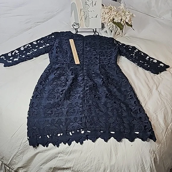 Loft Floral Lace Design Navy Blue Dress rounded scoop neck Mother of the bride - Picture 10 of 14